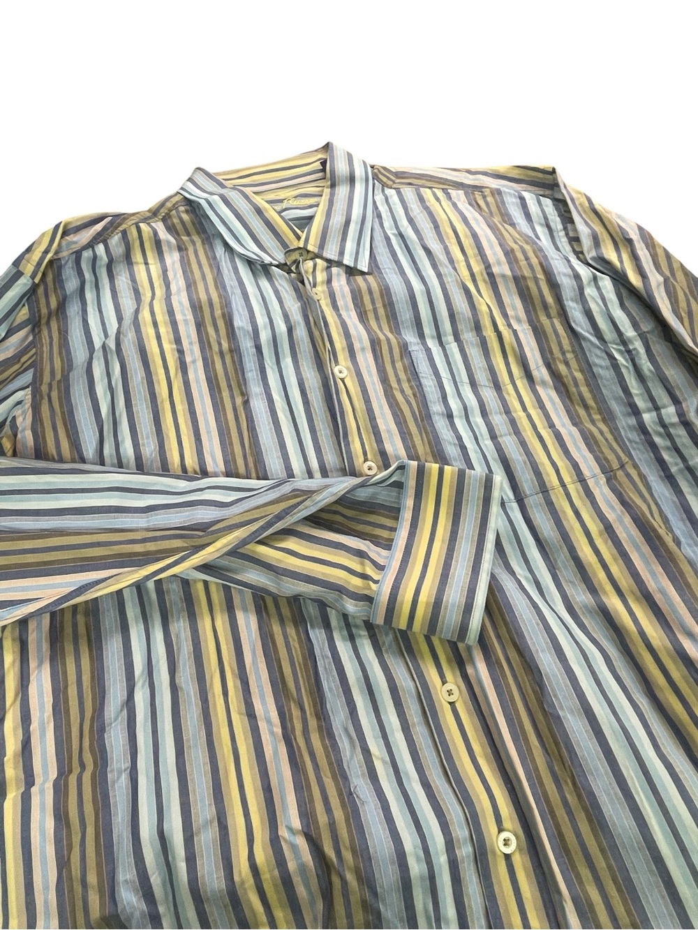Alan Flusser Striped Button-Down Shirt in Blue, Yellow & Brown